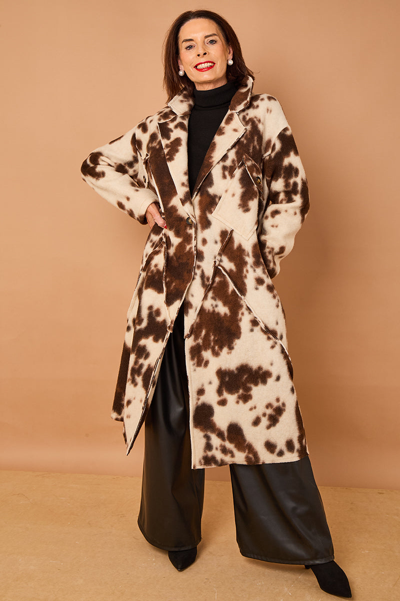 Martine long coat in cow print