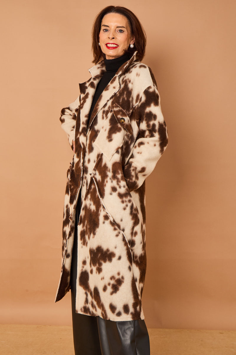Martine long coat in cow print