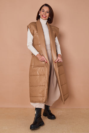 Estrella Long gilet in Camel