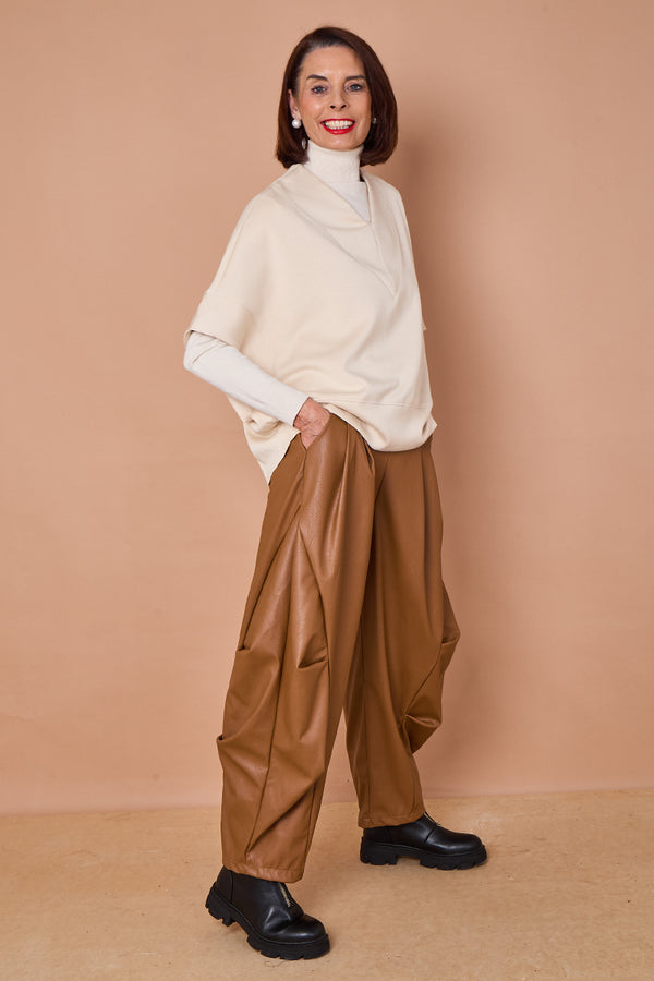 Lorenzo cocoon PU faux leather trousers in camel