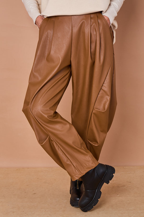 Lorenzo cocoon PU faux leather trousers in camel