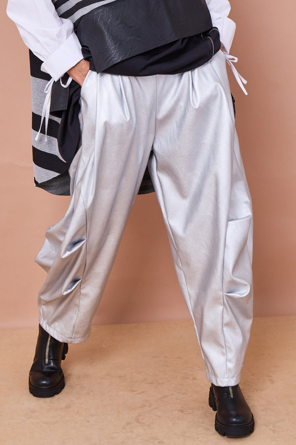 Lorenzo cocoon PU faux leather trousers in silver