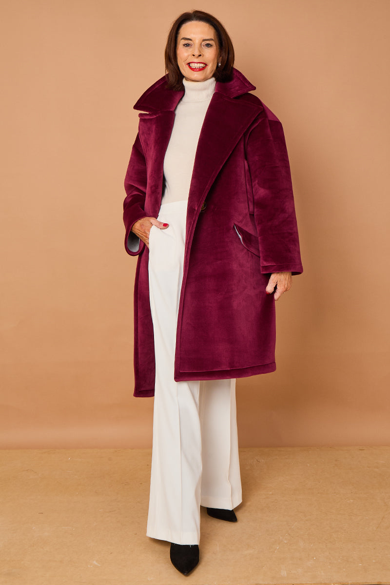 Alberto three quarter coat in mulberry -
