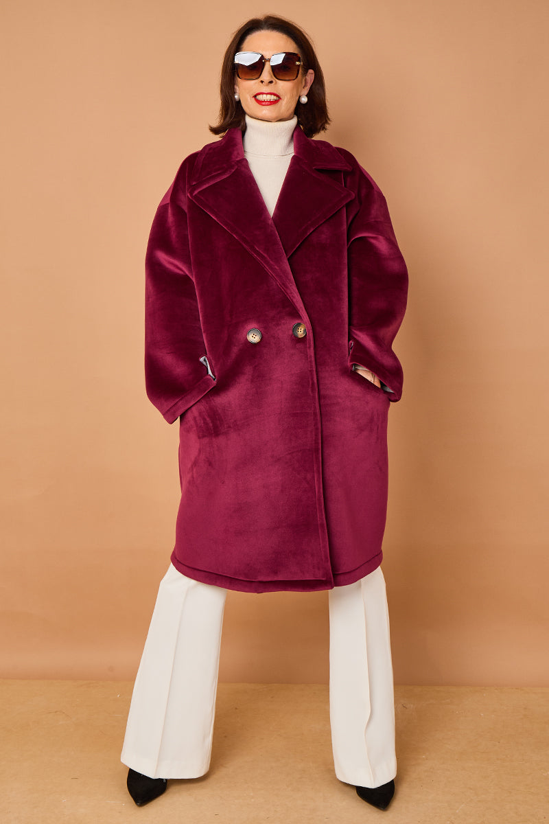 Alberto three quarter coat in mulberry -