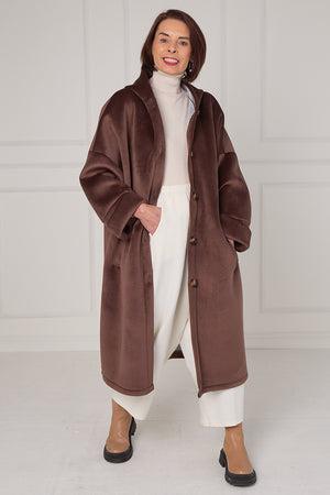Alberto hooded long coat in Chocolate