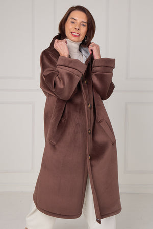 Alberto hooded long coat in Chocolate