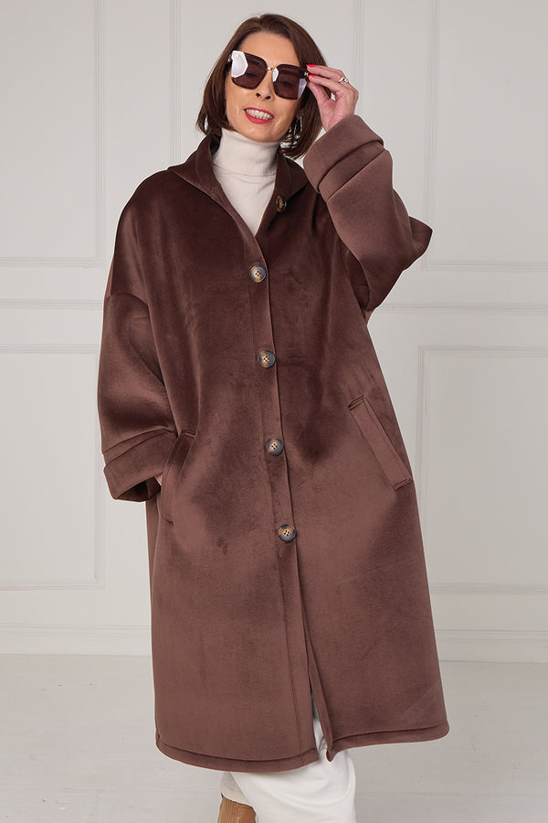 Alberto hooded long coat in Chocolate