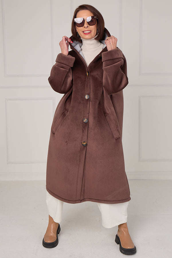 Alberto hooded long coat in Chocolate