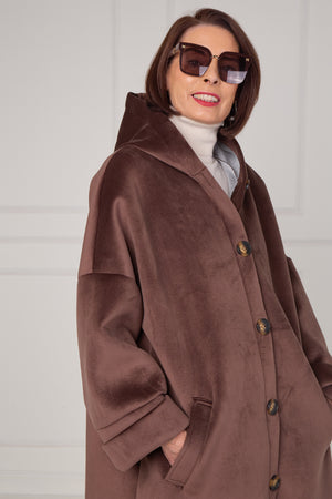 Alberto hooded long coat in Chocolate
