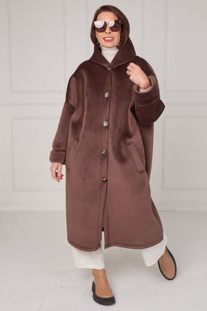 Alberto hooded long coat in Chocolate
