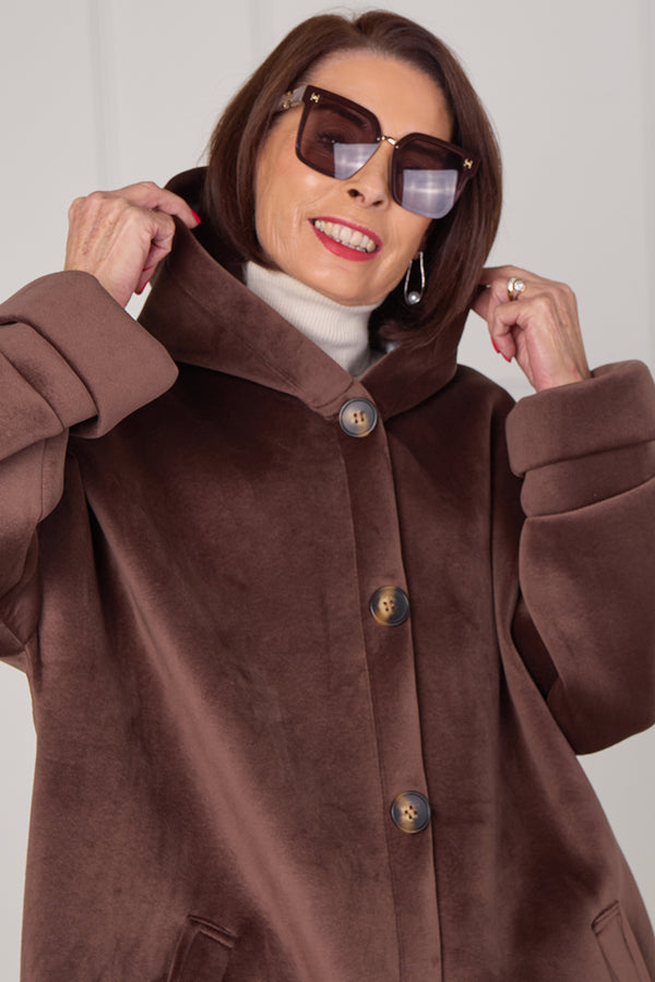 Alberto hooded long coat in Chocolate