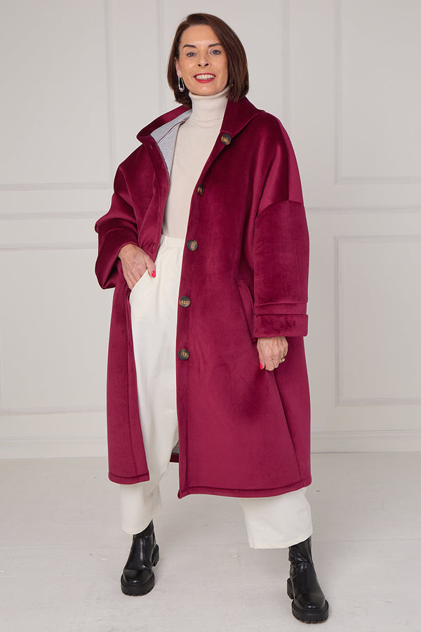 Alberto hooded long coat in mulberry
