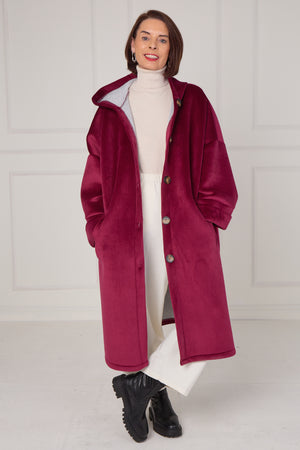 Alberto hooded long coat in mulberry
