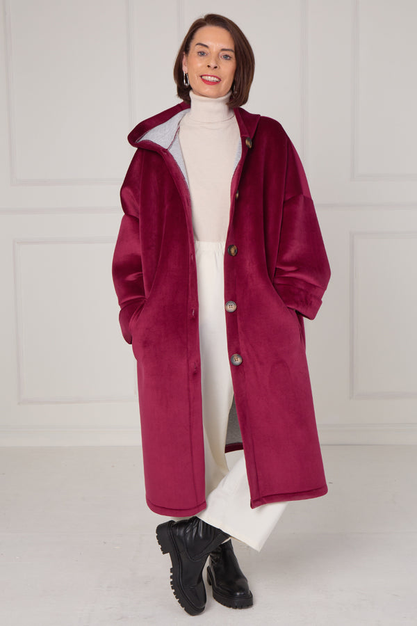 Alberto hooded long coat in mulberry