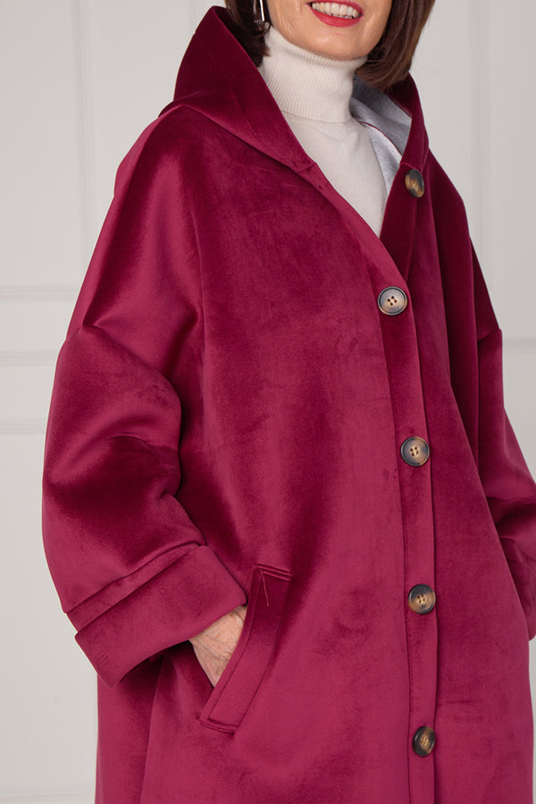 Alberto hooded long coat in mulberry