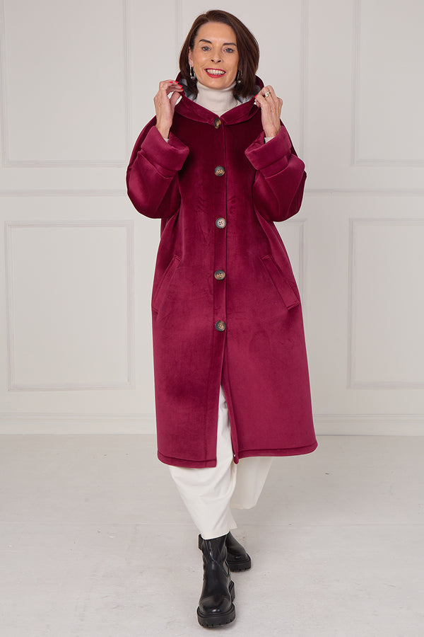 Alberto hooded long coat in mulberry