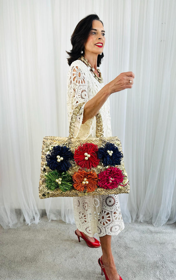 Tropical Blossom wicker Bag