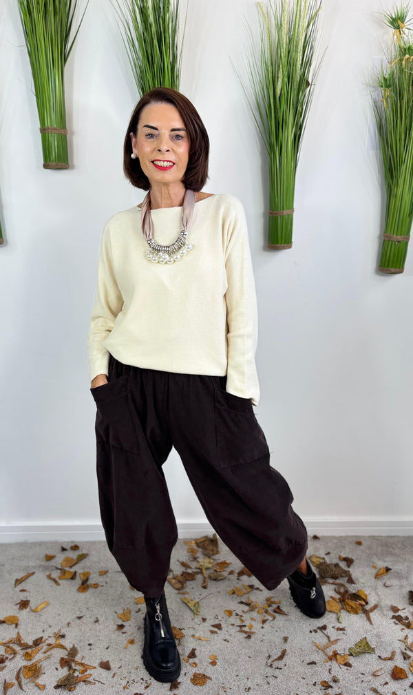 JOSIE NEEDLE CORD COCOON TROUSERS IN CHOCOLATE