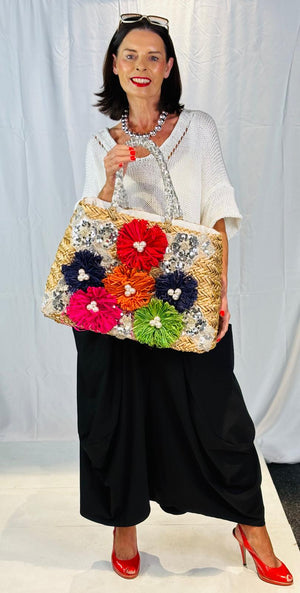 Tropical Blossom wicker Bag in silver