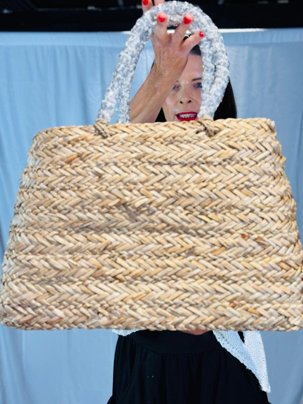 Tropical Blossom wicker Bag in silver