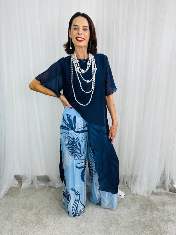Flora Silky Plazzo Trousers in baby blue and navy