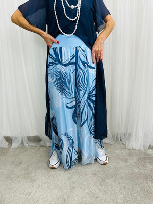 Flora Silky Plazzo Trousers in baby blue and navy