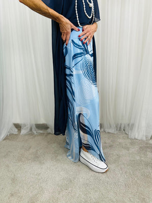 Flora Silky Plazzo Trousers in baby blue and navy