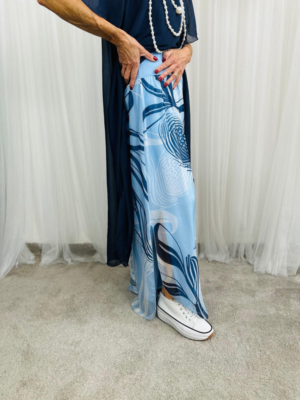 Flora Silky Plazzo Trousers in baby blue and navy