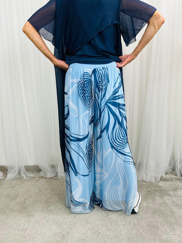 Flora Silky Plazzo Trousers in baby blue and navy