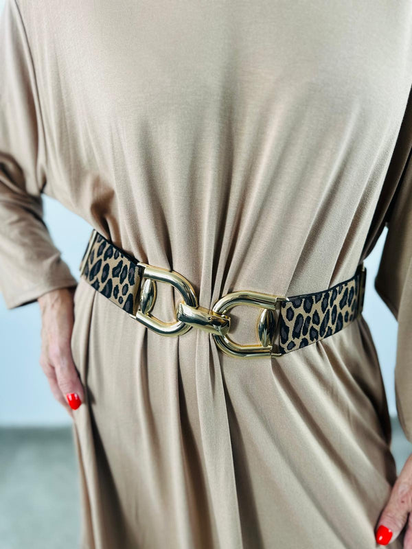 Edge belt in camel leopard print