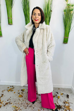 long faux fur coat in beige