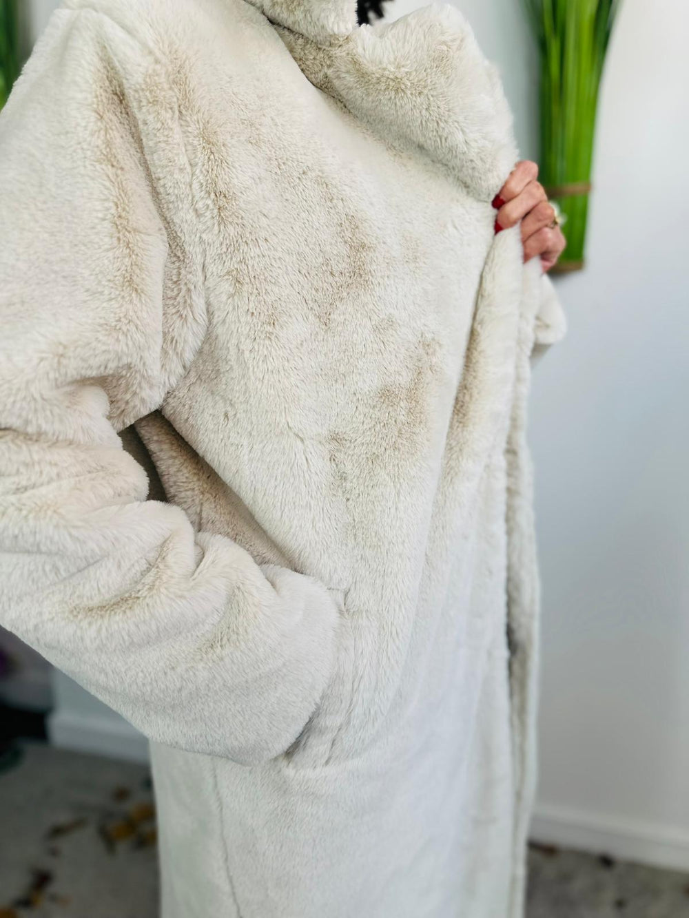 long faux fur coat in beige