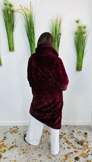 long faux fur coat in mulberry