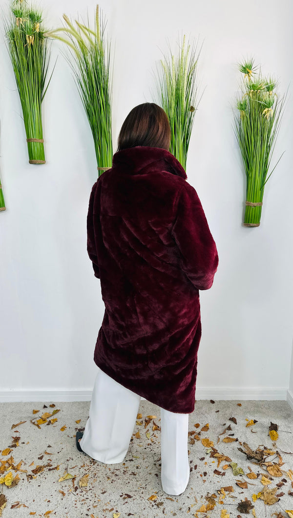 long faux fur coat in mulberry