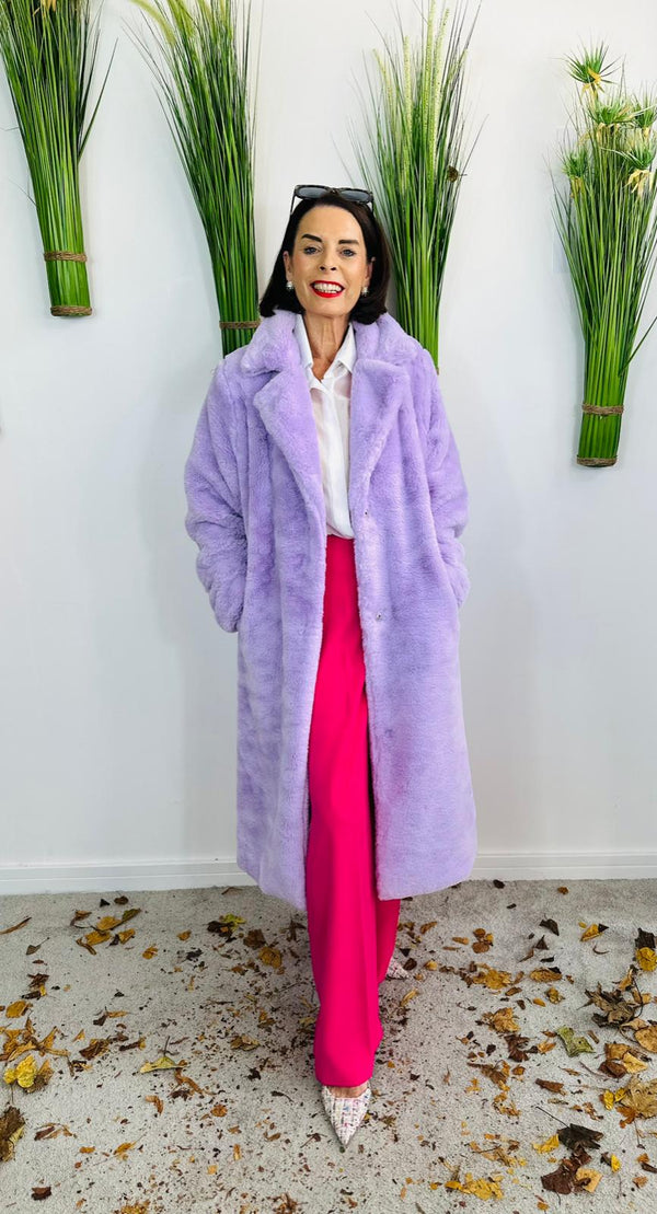 long faux fur coat in lilac