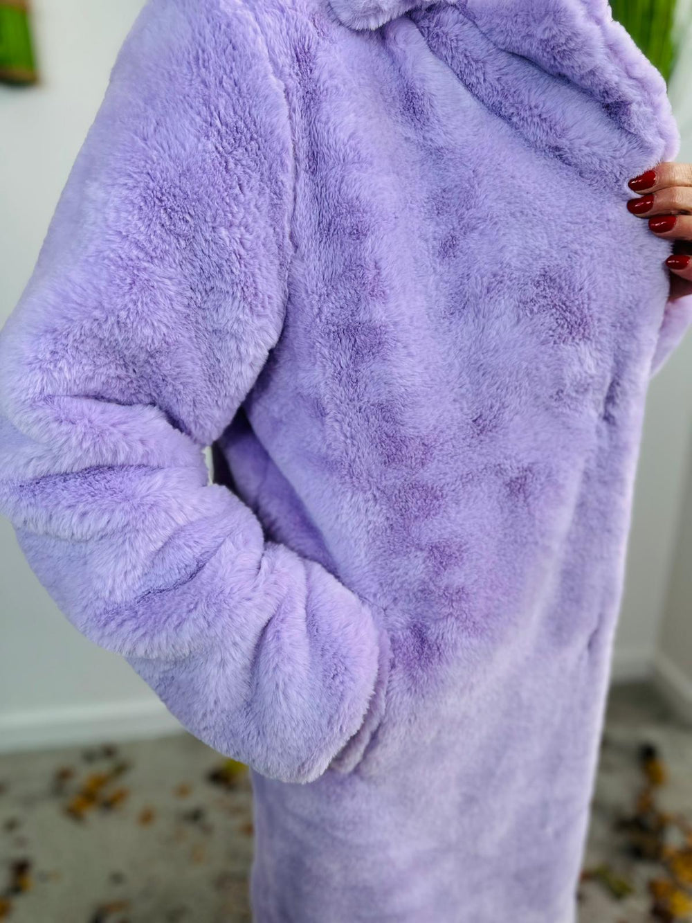 long faux fur coat in lilac