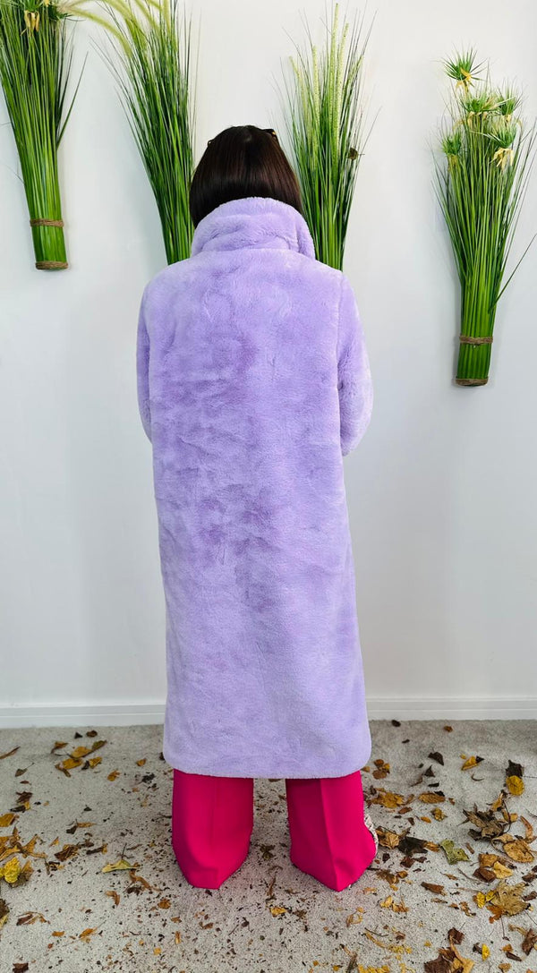 long faux fur coat in lilac