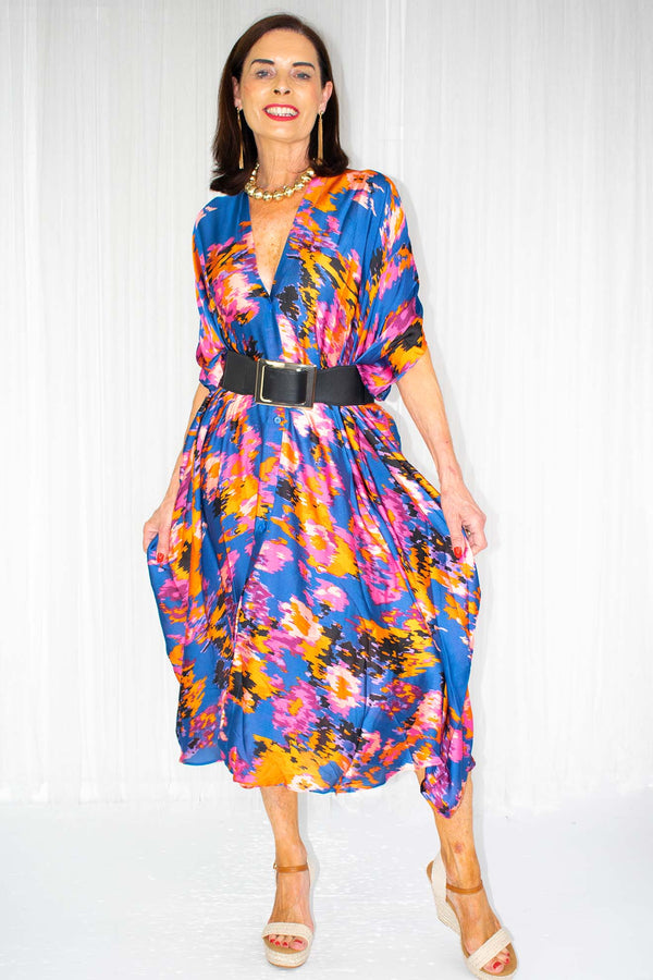 Freya Floaty Button Up Parachute Dress in Multi Abstract Print