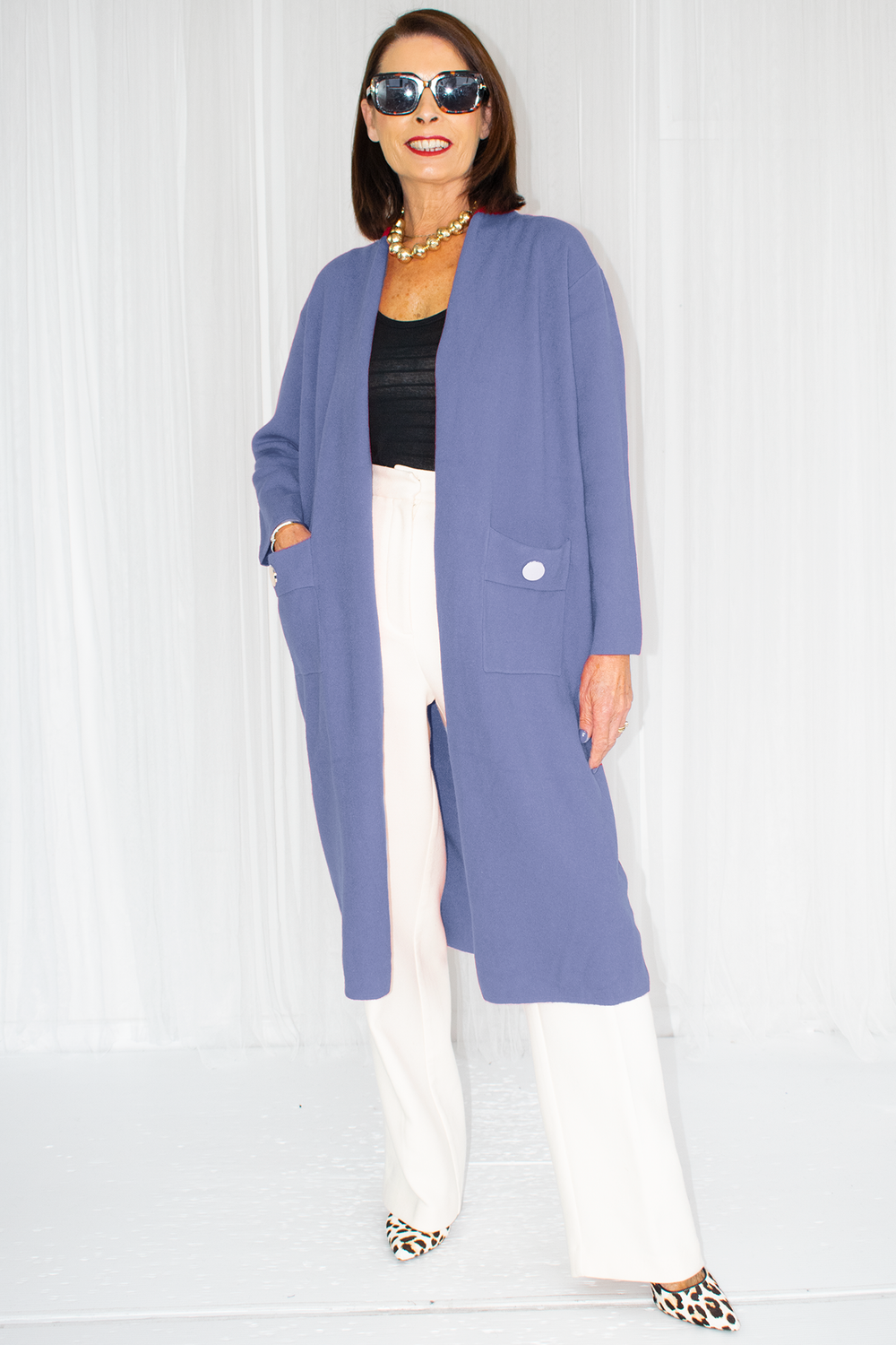 Claudia Longline Knit Jacket in Denim Blue