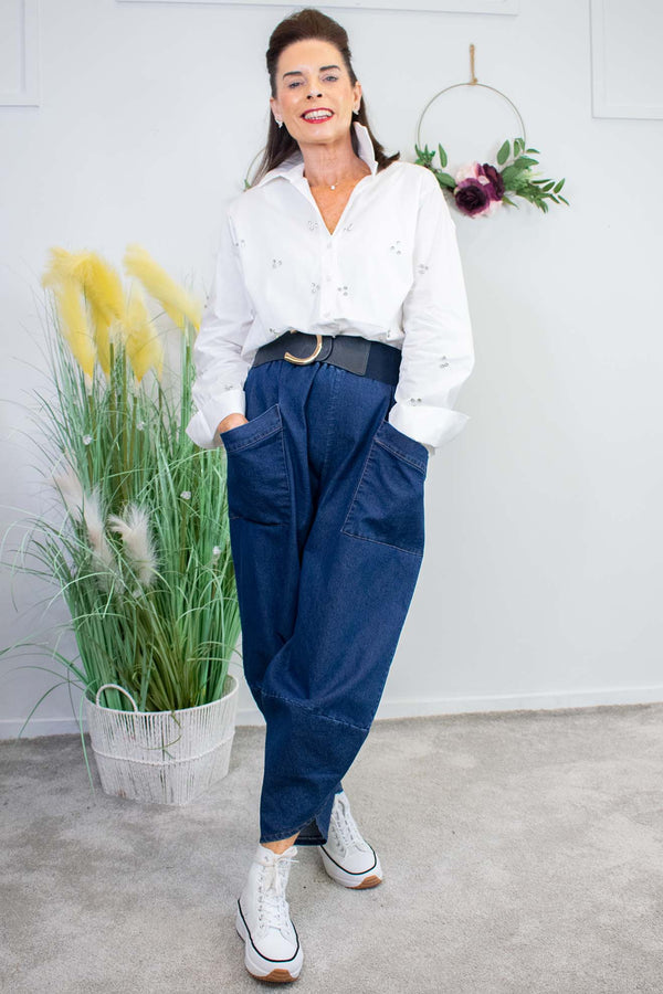 Dana Denim Cocoon Trouser in Dark Blue Wash