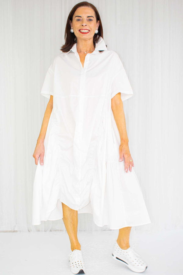 Reagan Ruched Shirt Dress in White