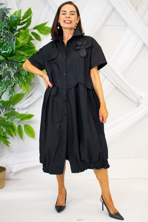 Elegant Evana Flower Shirt Dress in Black