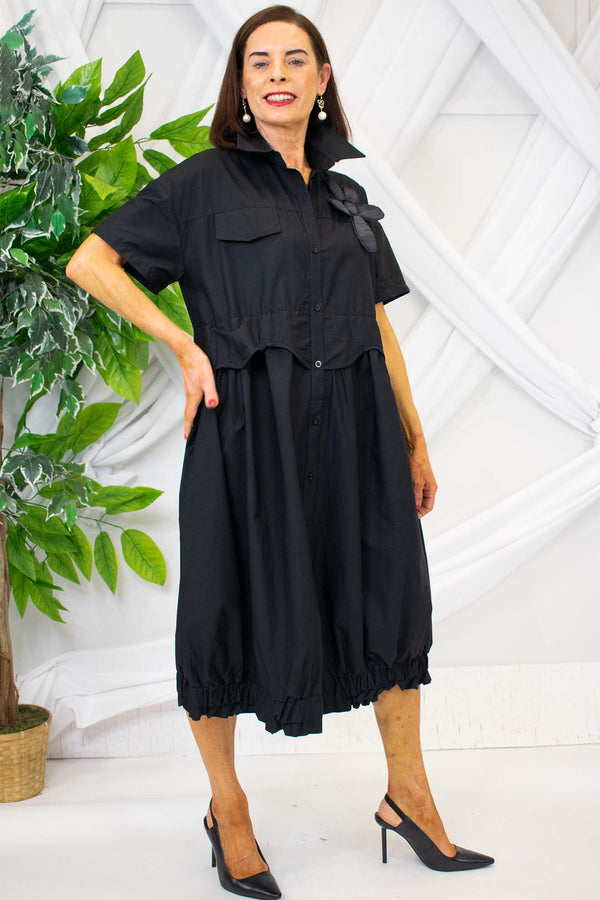 Elegant Evana Flower Shirt Dress in Black