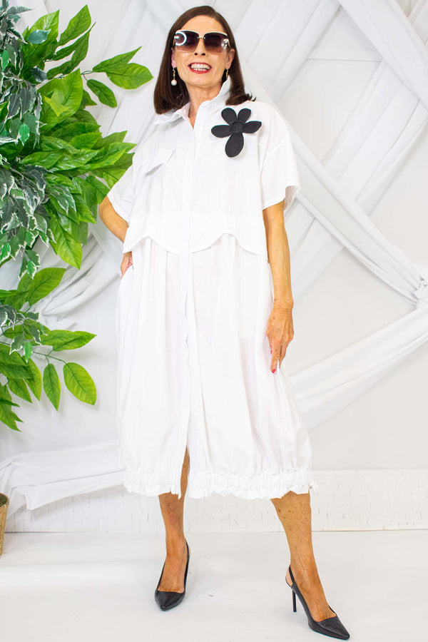 Elegant Evana Flower Shirt Dress in White with Black