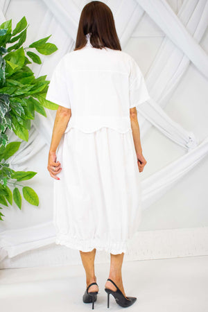 Elegant Evana Flower Shirt Dress in White with Black