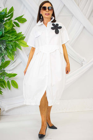 Elegant Evana Flower Shirt Dress in White with Black