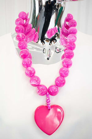 Beaded Heart Marble Effect Necklace in Fuchsia Pink