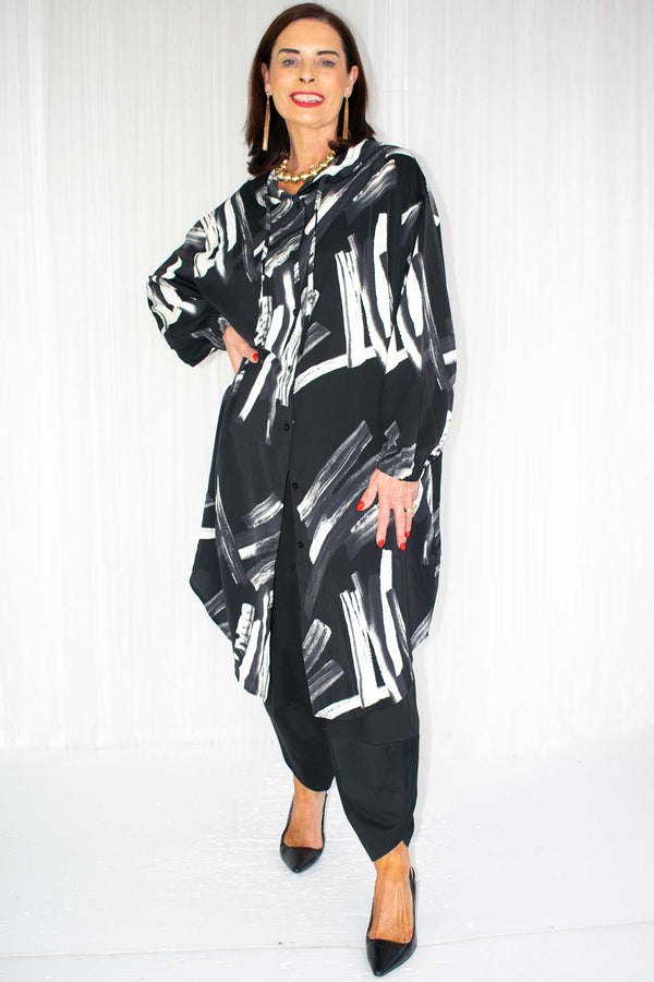 Heidi Hooded Abstract Print Dress/Jacket in Black