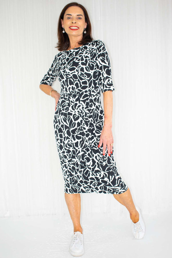 Camille Cinched Waist Black and White Rose Midi Dress