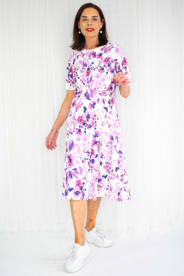 Camille Cinched Waist Floral Print in White with Pink